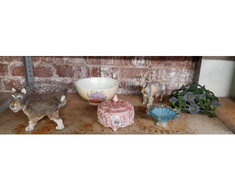 SHELF WITH GLASS & CHINA BOWLS, CAST IRON LETTER RACK, CHINA GOAT, SMALL CAST IRON DOG DOOR STOP & OTHER CHINAWARE & GLASS