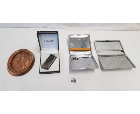 SMALL COPPER JOHNNY WALKER ASHTRAY, 2 WHITE METAL CIGARETTE CASES & A COLIBRI LIGHTER