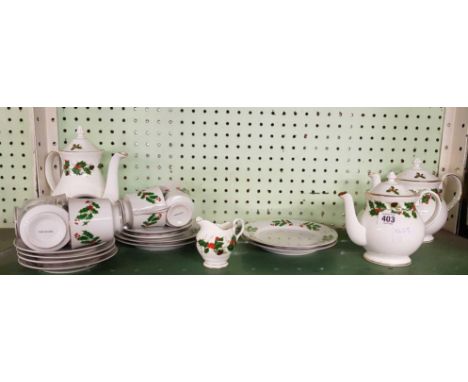 SHELF OF BULL TUSCAN LEBRELLE & ROYAL GRAFTON NOEL CHINAWARE & OTHER CHRISTMAS HOLLY CHINAWARE