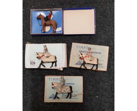 3 TIMPO KNIGHTS IN ARMOUR, LANCES A/F OR MISSING & A TIMPO MODEL OF QEII ON HORSE PACK, ALL IN BOXES