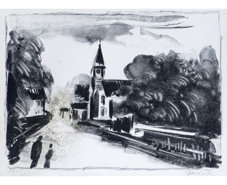 ‡ Maurice de Vlaminck (French 1876-1958) Marine Eglise Signed and numbered 6/15 Lithograph  22 x 30cm  ++Paper rippled, an ar