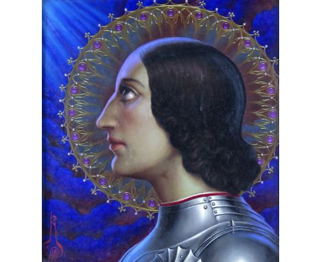 French School 20th Century Portrait of Joan of Arc Signed with a monogram and dated 1930 Oil on board, in a decorative frame 