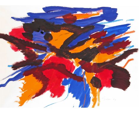 ‡ William Gear R.A. (1915-1997) Untitled, blue, red and orange Signed and dated 64 Mixed media on paper 48 x 63.5cm  ++Good c