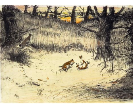 Cecil Aldin (1870-1935) Scenes of foxes and hunting Three, all mixed media over a printed base on ivorine, unframed Each 15 x