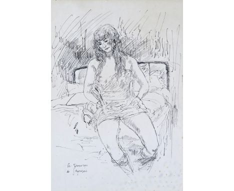 ‡ André Albert Marie Dunoyer de Segonzac Hon. R.A. (French 1884-1974) Portrait of a young lady seated on a bed Signed Pen and