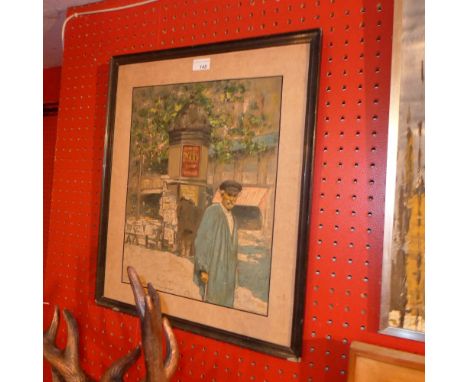 A Mortimer Mempes print of an elderly man in a market place