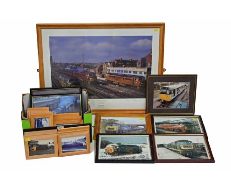 Print and twenty four framed photographs of diesel locomotives and a large framed limited edition signed photographic print b