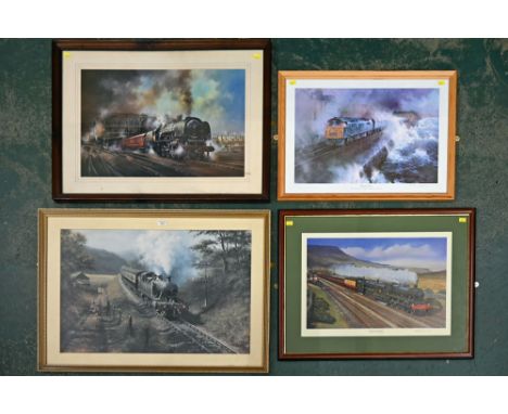 Three steam locomotive prints and a diesel locomotive print 36 ins x 25 3.4 ins, 33 ins x 24 3/4 ins, 30.5 ins x 24 ins and s