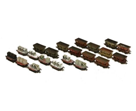 Twelve mainline and Bachmann iron or hoppers and nine Tri-ang flatbed trucks 