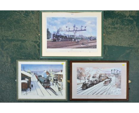 Three signed limited edition prints of Steam Locomotives, two by Chris Woods, Pines Express at Christmas 25 ins x 21.5 ins an