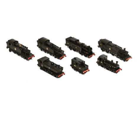 Seven 00 gauge steam locomotives, two airfix tank engines, mainline tank engine and shunter, and three un-named shunters 
