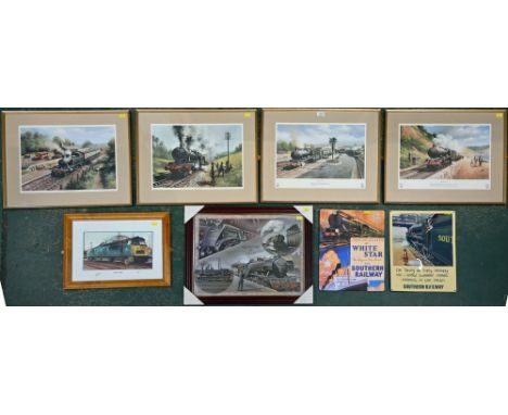 Six pictures and two enamelled signs, 4 prints, framed and mounted of steam locomotives in matching frames, 22 3/4 ins x 18 1