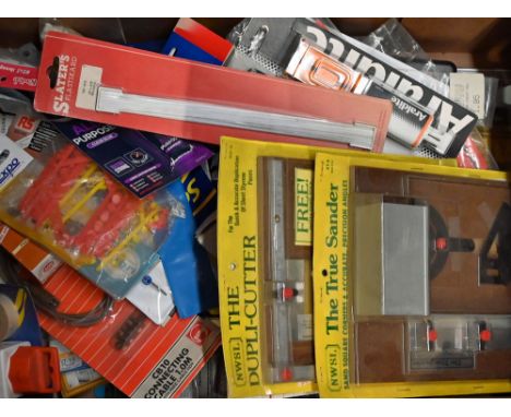 Collection of crafting tools, precision angle sander, duplicator cutter, glues, connection blocks, digital caliper, railway a