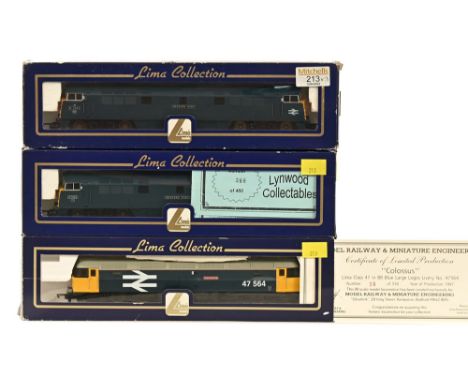Three Lima 00 gauge diesel locomotives, D1043 Western Duke, 47564 Colossus and D1023 Western Fusilier  