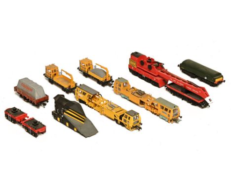 Hornby brake down crane, covered wagon, Fleischmann open wagon, a Bachmann Plasser Tamper, a Plasser and Theurer track mainte