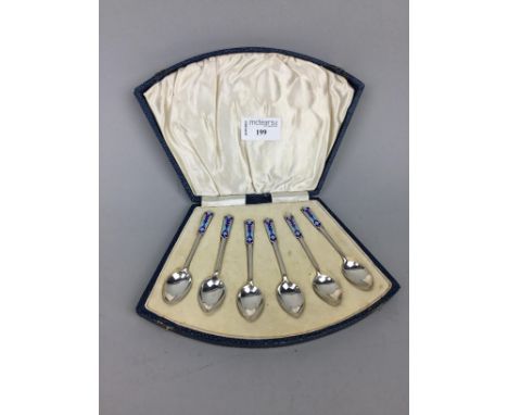 SET OF SIX SILVER AND ENAMEL TEA SPOONS, by Walker &amp; Hall, Birmingham marks, in fitted case