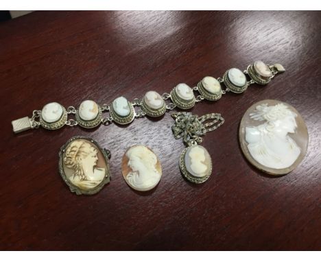 COLLECTION OF CAMEO ITEMS, including a bracelet, chain, brooch and two loose cameos