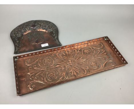 EARLY 20TH CENTURY EMBOSSED COPPER CRUMB TRAY, 28cm wide, along with a copper rectangular tray and two chess sets