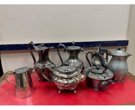 VICTORIAN SILVER PLATED FOUR PIECE TEA SERVICE, along with other plated and pewter ware
