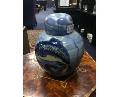 MODERN STONEWARE GINGER JAR, 22cm high, decorated with fish, along with a Chinese style horse, Japanese satsuma vase, soapsto