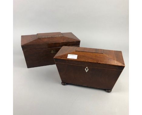 VICTORIAN ROSEWOOD SARCOPHAGUS SHAPED TEA CADDY, 31cm wide, along with a mahogany sarcophagus shaped tea caddy, 27cm wide (2)