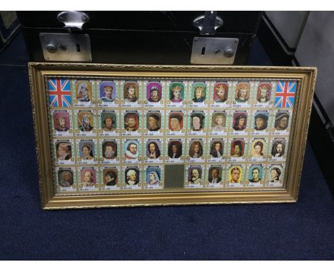 FRAMED STAMP DISPLAY OF BRITISH MONARCHS, along with a collection of postcards, five stamp albums, first day covers and other