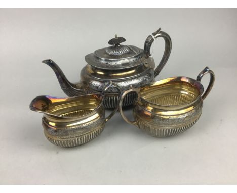 LATE VICTORIAN SILVER PLATED THREE PIECE TEA SERVICE, with engraved and partly fluted decoration, along with a set of servall