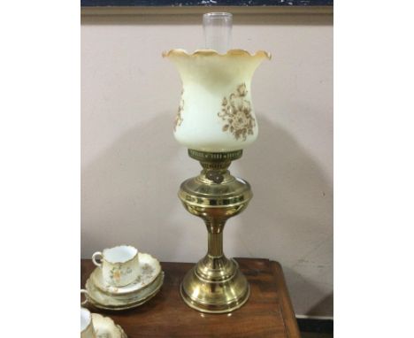 BRASS OIL LAMP, with opaque glass shade, 55cm high, converted to electricity