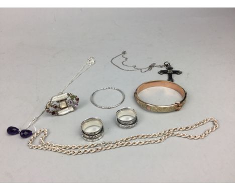 ROLLED GOLD BANGLE, along with silver and other jewellery including rings, cufflinks, earrings and chains