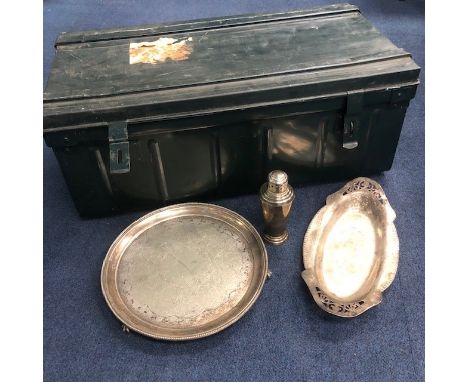 LOT OF SILVER PLATED TABLEWARE, including flat ware, dishes, jugs and candlesticks, contained in a metal travel trunk