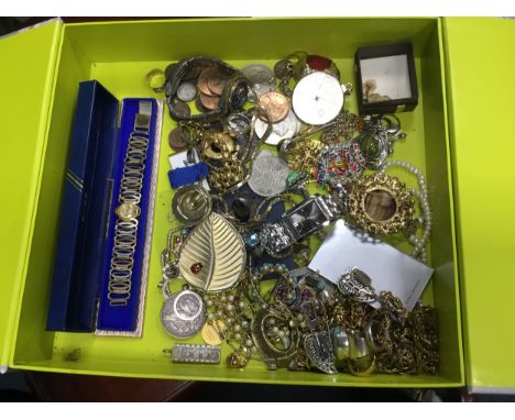 COLLECTION OF COSTUME JEWELLERY, along with a silver Australian two dollar coin, pair of nine carat gold cufflinks, beaded pu