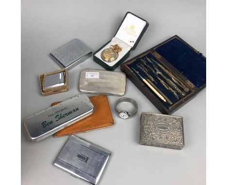 PLATED CIGARETTE CASE, with engine turned decoration, 13cm x 9cm, along with a pocket watch on chain, wrist watch, cased set 