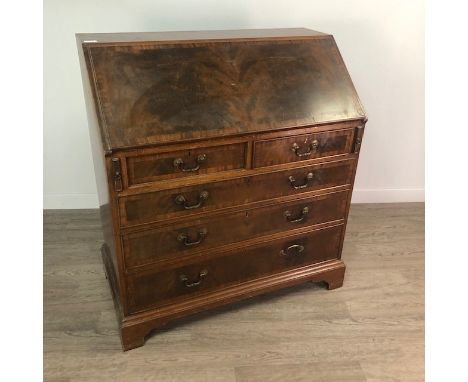 20TH CENTURY MAHOGANY WRITING BUREAU, with bracket feet, 92cm wide