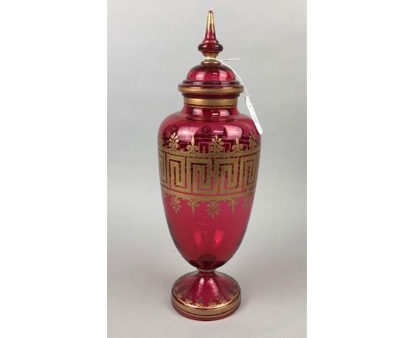 VICTORIAN RUBY TINTED GLASS VASE AND COVER, decorated with a gilt Grecian key pattern band