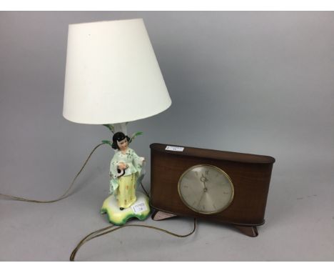 MID CENTURY METAMEC MANTEL CLOCK, 26.5cm wide, along with a brass table lamp, a ceramic table lamp and various cased cutlery 