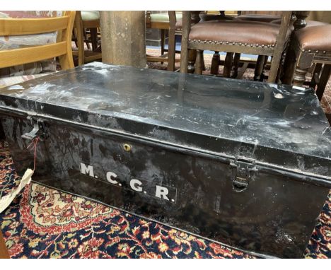 EARLY 20TH CENTURY VALET TRAY, along with a tin trunk containing photographs to the interior and a rail backed chair (3)