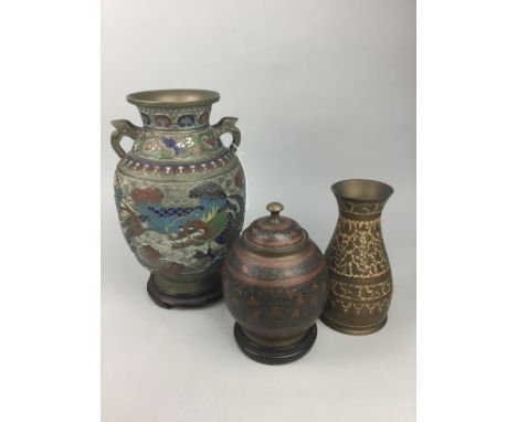 CHINESE BRONZED VASE, with colour enamel decoration depicting dragons and clouds, on a wood stand, 33cm high, along with an I