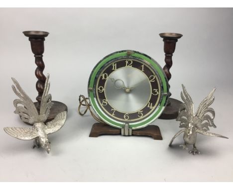 SMITH'S ELECTRIC MANTEL CLOCK, along with a pair of candlesticks, a pair of fighting cockerels, and two pieces of Wedgwood