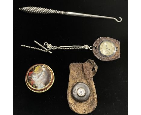 FOB WATCH, on chain, along with an unusual pocket watch of miniature proportions, pill box with cat motif decoration and a bu