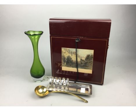 TANTALUS, with landscape scene to the front, with key, along with a green glass vase, plated toast rack and a ladle