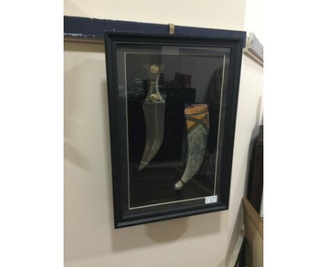 20TH CENTURY MIDDLE EASTERN ORNAMENTAL DAGGER WITH SCABBARD, mounted and in a box frame, 49cm x 34cm overall