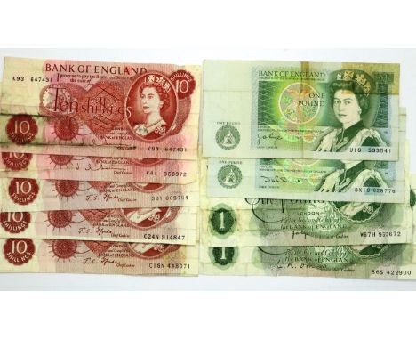 Five bank of England ten shilling notes, together with four one pound Bank of England notes (9). P&amp;P Group 0 (£5+VAT for 