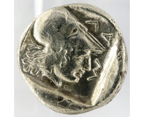 500BC silver Diobol of helmeted Janus, Mysia Lampsakos. P&amp;P Group 0 (£5+VAT for the first lot and £1+VAT for subsequent l