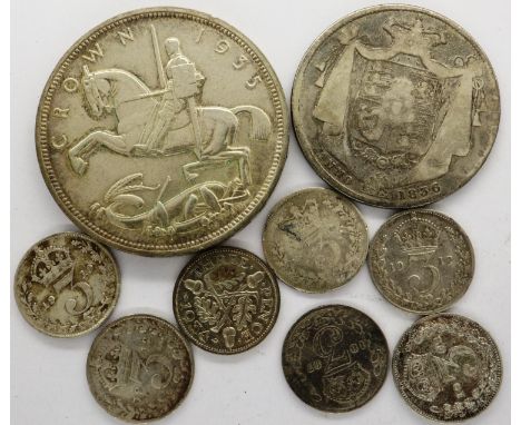 1836 William IV half crown, a 1935 crown and six silver threepences. P&amp;P Group 3 (£25+VAT for the first lot and £5+VAT fo
