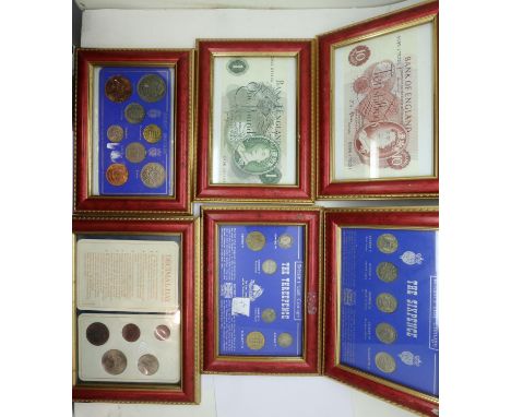 Two framed bank notes, one ten shilling the other one pound and four framed Britains lost coinage sets The Sixpence, Threepen