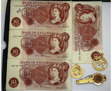 Four ten shilling banknotes of Elizabeth II, two cut coins including a 1942 two-shillings and a farthing penknife. P&amp;P Gr
