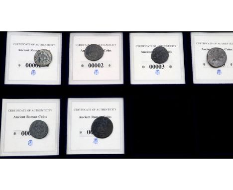 Six Roman coins with certificates. P&amp;P Group 0 (£5+VAT for the first lot and £1+VAT for subsequent lots) 