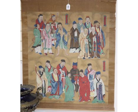 A late 19th century Chinese scroll painting on silk of immortals, image 90 x 79cm