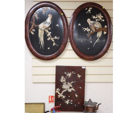 A pair of Meiji Shibayama oval plaques of cockerels on branches, in lacquered frames, overall length 70cm width 52cm, and ano