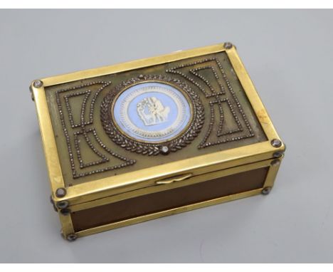 A horn and brass trinket box with marcasite and jasperware plaque to lid, width 14cm